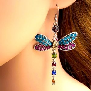 Dragonfly Rainbow Rhinestone Dangle Multi Color Boho Vintage Inspired Earrings